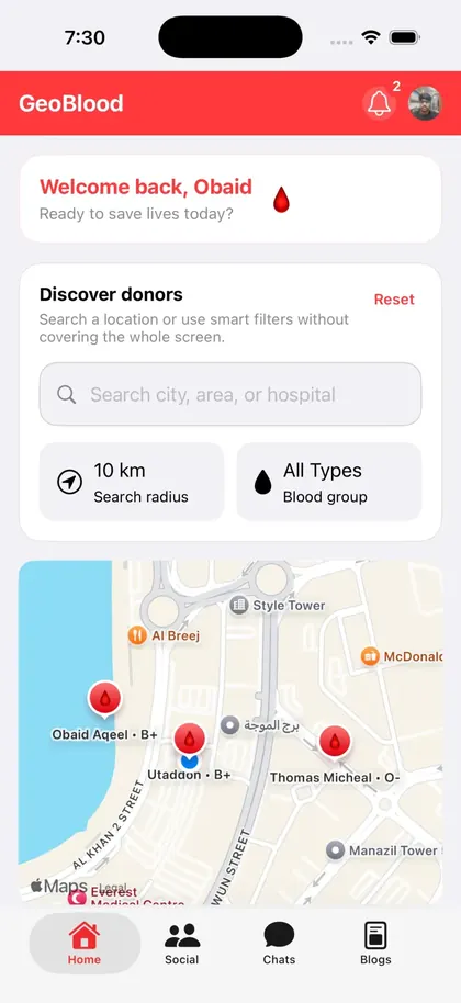 GeoBlood iOS app screen: Donor map: radius and blood-group filters