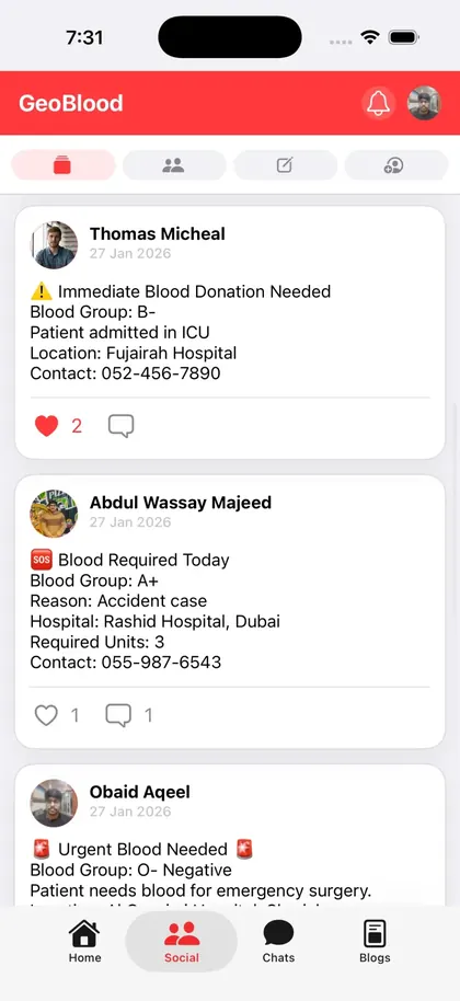 GeoBlood iOS app screen: Request feed: type, hospital, units needed