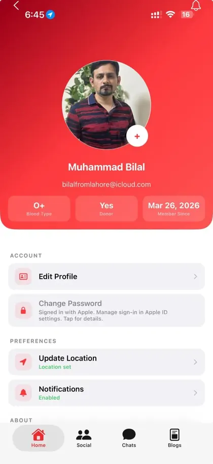 GeoBlood iOS app screen: Donor profile: type, availability, verification