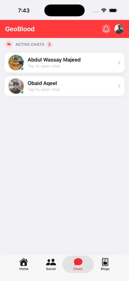 GeoBlood iOS app screen: Chats