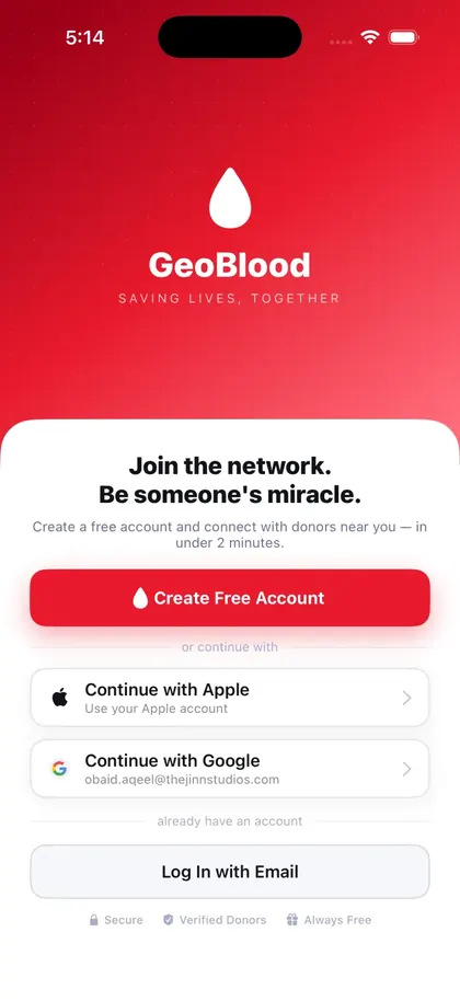 GeoBlood iOS app screen: Onboarding: Sign in with Apple or Google